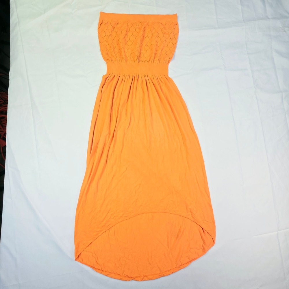 Whats Hot Women's L/XL Strapless High Low Dress Orange Pointelle Smocked Bodice